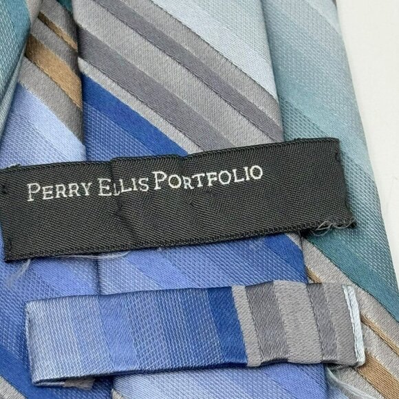 Perry Ellis Portfolio 100% Silk Striped Tie In Blue & Tan Tones - Professional - Picture 4 of 5